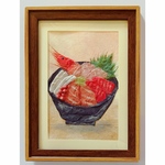 和紙ちぎり絵『海鮮丼』葉書サイズ原画｜食べ物のアート｜手漉き和紙のインテリア