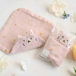 ネーム入れ、名入れ可♪miniタオルハンカチ（ピンクベージュ猫ちゃん×ハート柄）