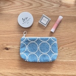 タンバリン ミニ コスメ ポーチ　14  ブルー　ミナペルホネン の刺繍生地　　tambourine  ポケットつき　裏地スリーピングローズ