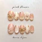 【振袖/袴に】pink flower ネイルチップ　成人式ネイル　ウエディング　前撮り　パール　お呼ばれ　結婚式　　卒業式　水引ネイル　
