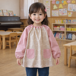 《受注製作》スモック☆　長袖　なみなみ　ストライプ　グレー　ピンク　女の子　