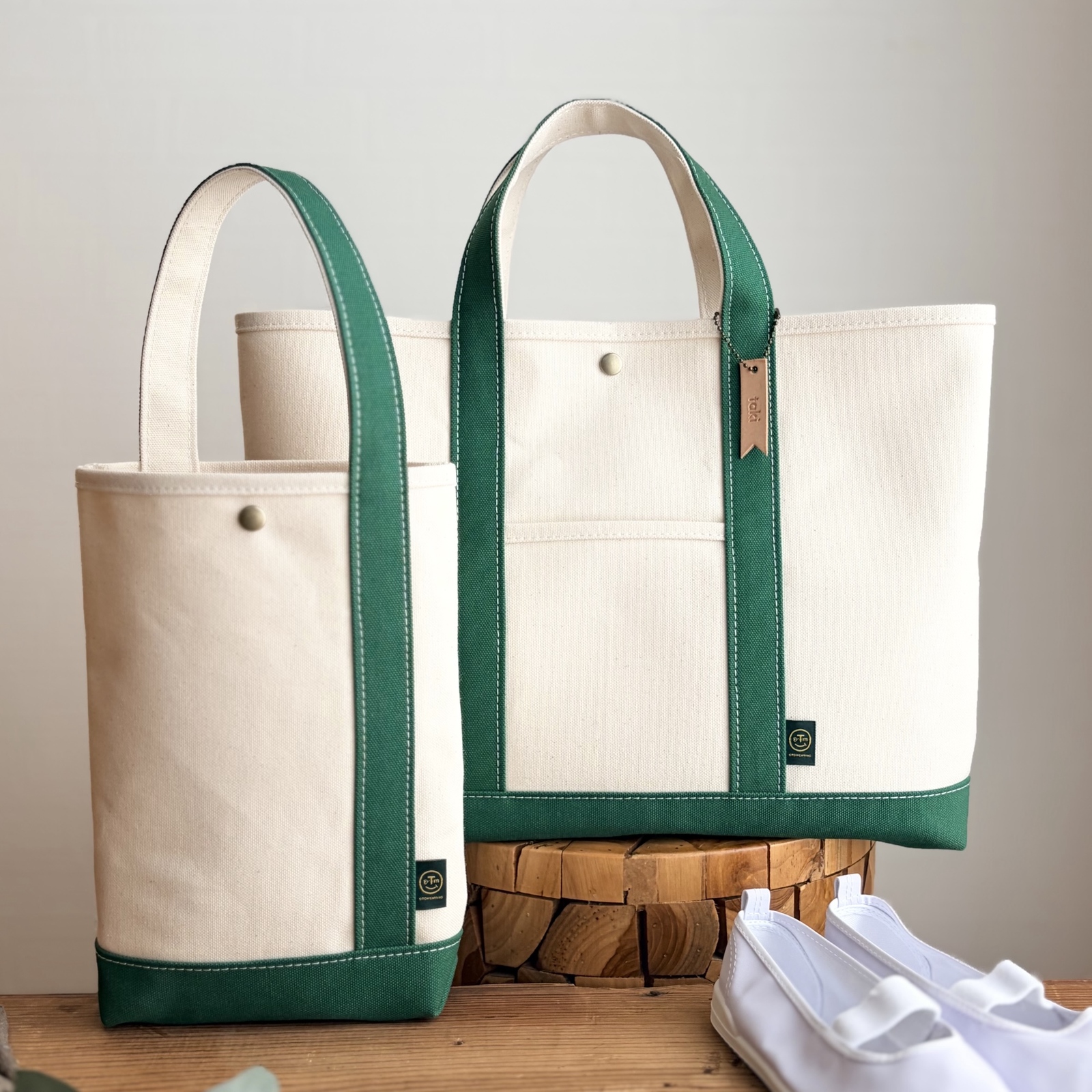 "シンプルな入園入学2点セット"〈 kinari × green〉 レッスンバッグ 上履き入れ　名入れチャーム付　イニシャル　刻印《受注製作》