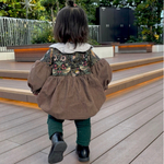 選べるカラー/受注製作【子供服80cm、90cm】ベストオブモリスいちご泥棒×シャツコーデュロイお袖ポワンぽわんのギャザーたっぷりロンパース　ポワン袖　ベビー服