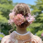2輪 大輪 ダリア髪飾り｜卒業式 袴 結婚式 七五三 成人式 振袖｜前撮り 水引シニヨン 編みおろし ポニーテール アップスタイル き・和玉 ヘッドドレス ピンク/ゴールド/シルバー