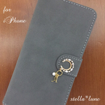 【iPhone6/6s/7】選べる誕生石&イニシャル＊ハーフムーン手帳型ケース＊ダークグレー