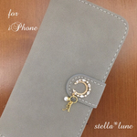 【iPhone6/6s/7】選べる誕生石&イニシャル＊ハーフムーン手帳型ケース＊グレー