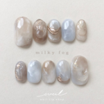 【新作】milky fog ネイルチップ　つけ爪　ニュアンスネイル  成人式　振袖　ブライダル　前撮り　淡色　ブラウン　グレージュ　鉱物　うるうる　ちゅるん 水色　ブルー　青
