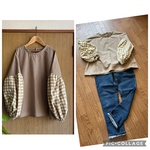 natural*ワッシャーベージュ＆チェックお袖ぷっくりブラウス