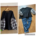 SALE*ワッシあャー黒＆チェックお袖ぷっくりブラウス