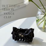 butterfly ribbon バンスクリップ 光沢サテンブラックホワイトチェック×スター