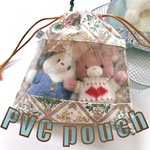 【匿名配送】PVC pouch＊窓付き巾着ポーチ　裏地付き　フラワー　ブラウン　おとなのぬい活にも◎　ぬいとおでかけ　ぬいポーチ