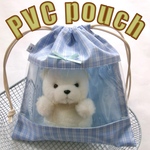【匿名配送】PVC pouch＊窓付き巾着ポーチ　裏地付き　チェック　ブルー　ぬい活に◎　ぬいとおでかけ