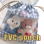 【匿名配送】PVC pouch＊窓付き巾着ポーチ　チェック　ブルー　ぬい活に◎　ぬいとおでかけ　ぬいポーチ