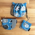 表情いろいろ＊ねこの３点セット＊ブルー＊ネコ耳巾着♡コインポーチ♡チャームポーチ＊かわいくて便利＊小物の整頓に