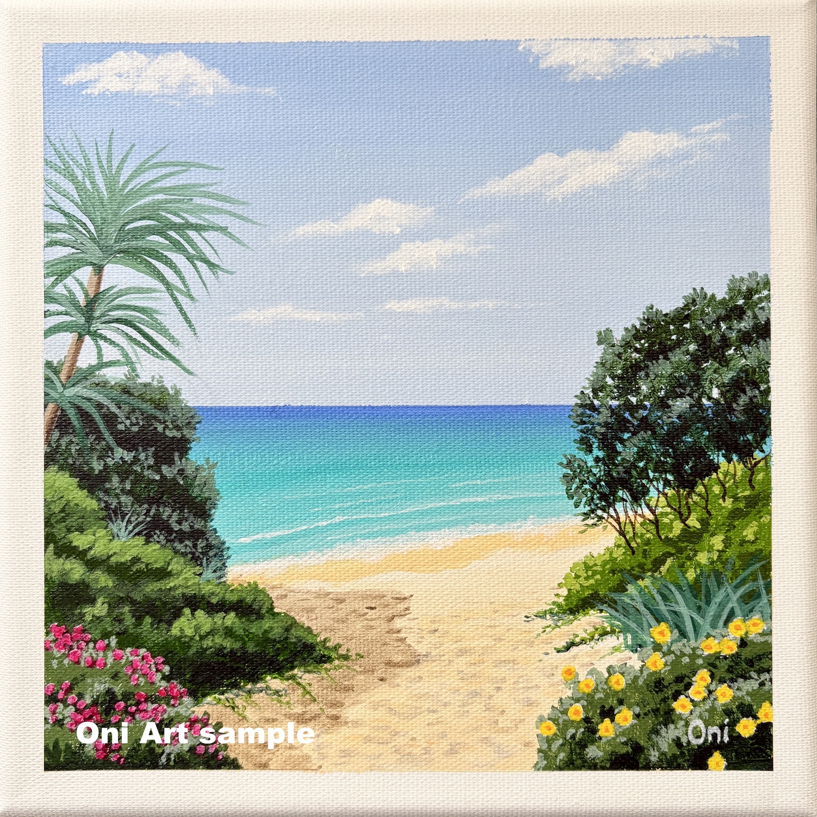 アクリル画　原画　「花の咲くビーチ01」　SSMサイズ　キャンバス アクリル画 水彩画 原画 「花の咲くビーチ01」 SSMサイズ キャンバス