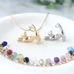 14種類から選べる✦3つの天然石チャーム付✦立体ねこチャームネックレス アレルギー対応 サージカルステンレス 14kgf シルバ−925