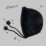 フードニット帽 ボンネット ファー ブラック レインボー y2k 韓国 星 手編み