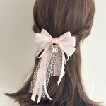 【猫の日】猫チャーム付きロングテールリボン ピンク×アンティークホワイト レッド×ブラック  ヘアアクセサリー バレッタ ポニーフック ヘアゴム ヘアカフ リボンピン