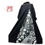 振袖　着物リメイク　ドレス　和柄ワンピース　ぽわん袖　黒×シック牡丹や桜　モックネック　丈110  L〜3Lセレモニー　ウエディング　パーティー　結婚式　成人式　入学式　卒業式