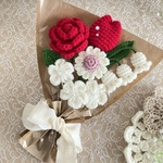 【色っぽレッド】赤　白 えらべる　花束　かぎ針編み　編み物　枯れない花　毛糸　プチギフト　花　フラワーギフト　プレゼント　チューリップ　インテリア　ウエディング　あみぐるみ　スワッグ　かぎ編み 推し活
