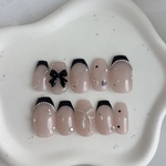 36.韓国ネイルチップ　ピンクベース黒フレンチネイルチップ　黒リボンパーツ　シルバーリボン　ハートホロネイルチップ　地雷系　ワンホン　リボン　ネイルチップ