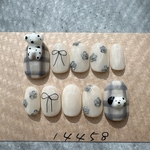 ネイルチップニュアンスぷっくり花ぶら下がり犬リボンチェック1029