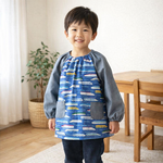 《受注製作》スモック☆　長袖　新柄　青　電車　新幹線×ダンガリー　男の子