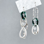 ♡30【再販】ディープグリーン × シルバー 3連 アシンメトリー 大ぶり ピアス イヤリング じゃらじゃら チェーン 個性的