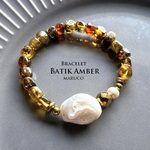 【2/17 twinklepop様 御売約】　　BL25-242淡水パール ROUGH ROUND+琥珀 batik AMBER 17㎝*天然石ブレスレット　  [送料無料]　自然ANTIQUE
