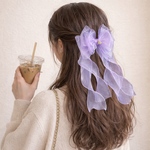 オーガンジーロングリボン【パープル】大人〜キッズ兼用フリーサイズ ・ ボリューミー軽量タイプ（ヘアクリップ仕上げ）