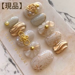 【現品】【No.165】ネイルチップ 振袖　成人式  結婚式　ウエディング　卒業式　和柄 ゴールド　金　白　ぷっくりフラワー