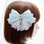 【パールチェーンが選べる】アイドルリボン（ブルー）｜レース×パール 量産型・地雷系 推し活ヘアクリップ　ヘアアクセサリー