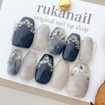 ネイビー×ニュアンス　ネイルチップ　春　夏　秋　冬　押し花　普段使い　フラワー　デート