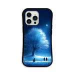 月華の雪樹　iPhone17/16/15対応  グリップケース 耐衝撃 青 黒猫 幻想的 三日月