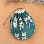 YUWAおしゃれ猫 グリーン＊しずく型巾着＊手のひら巾着 おにぎり巾着 飴ちゃん巾着