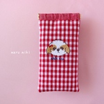 シーズー刺繍メガネポーチ／ギンガムチェック／赤