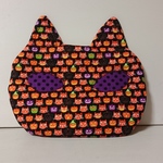 送料込み ハロウィン柄 猫顔型ポーチ(オレンジ色系)