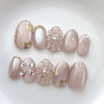 𝐧𝐞𝐰 透け感ピンク＊　マグネットネイル　うるうるネイル ぷっくり リボン　ネイルチップ　お花　くすみピンク　かわいい　マグネット　ぷるマグ　結婚式　成人式　秋　冬　ブラウン　ゴールド