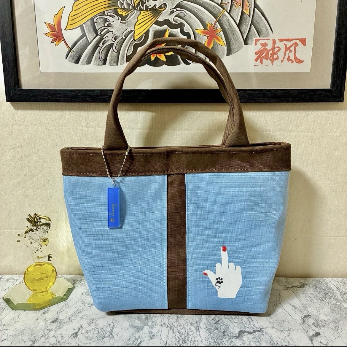 中指ミニトートバッグ~Tamyオリジナル~ ライトブルー&ブラウン Dカン付き ストリート 帆布