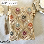 《再販》 ★外ポケット付き★ インド刺繍　インド刺繍ポシェット　インド刺繍ポーチ　刺繍ポシェット　刺繍ポーチ　　ギフト　フェイクレザー　＊ショルダー紐はチェーン又はワックスコードをお選び下さい。