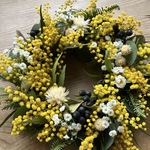 フレッシュミモザのリース　銀葉アカシア　貝細工　シャリンバイ　花かんざし　春