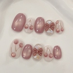 ぷるぷるさくらんぼ🍒ネイルチップ　マグネットネイル　ガーリー　春ネイル　春　マグネット　ピンク　チェリー　うるうる　ちゅるん　リボン　韓国　さくらんぼネイル　