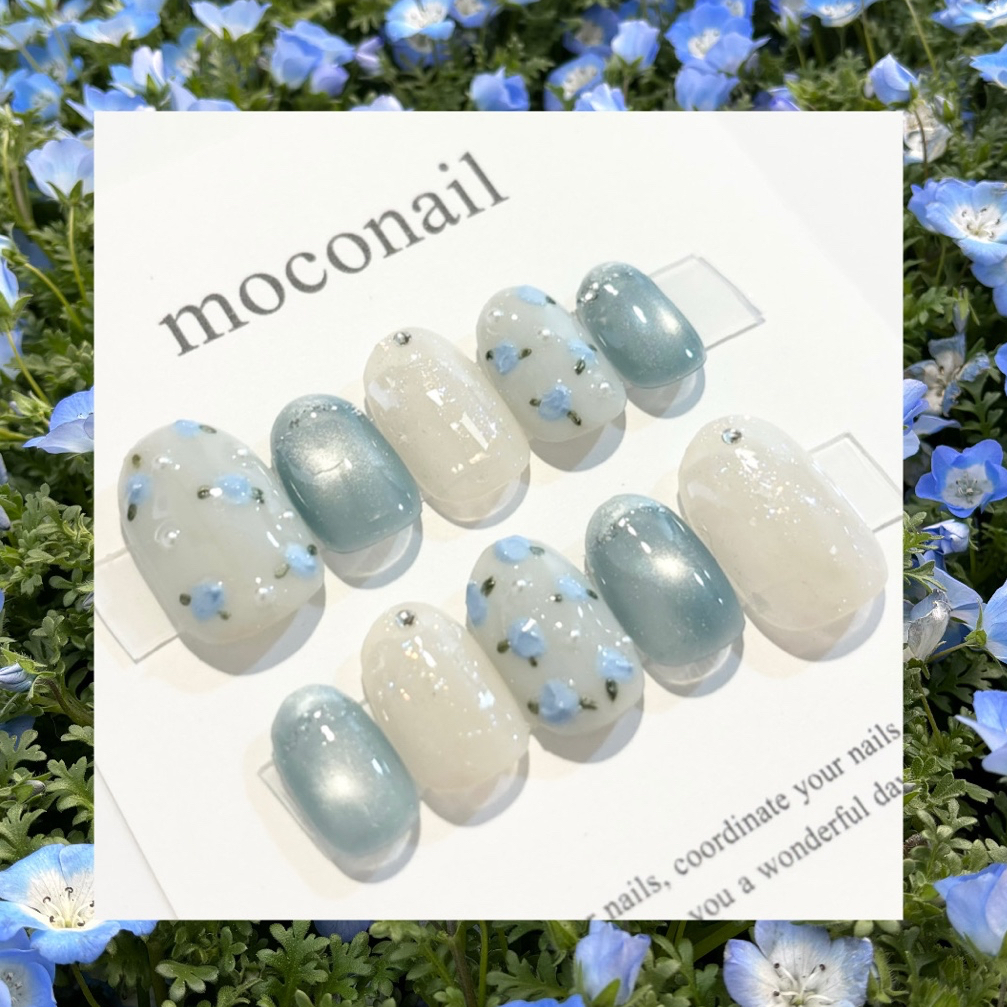 ネイルチップ 贅沢ぷっくりフラワー blue 青 ニュアンス 春 卒業 花