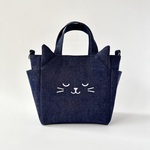 ねこ刺繍のミニトートバッグ（生成／デニム）