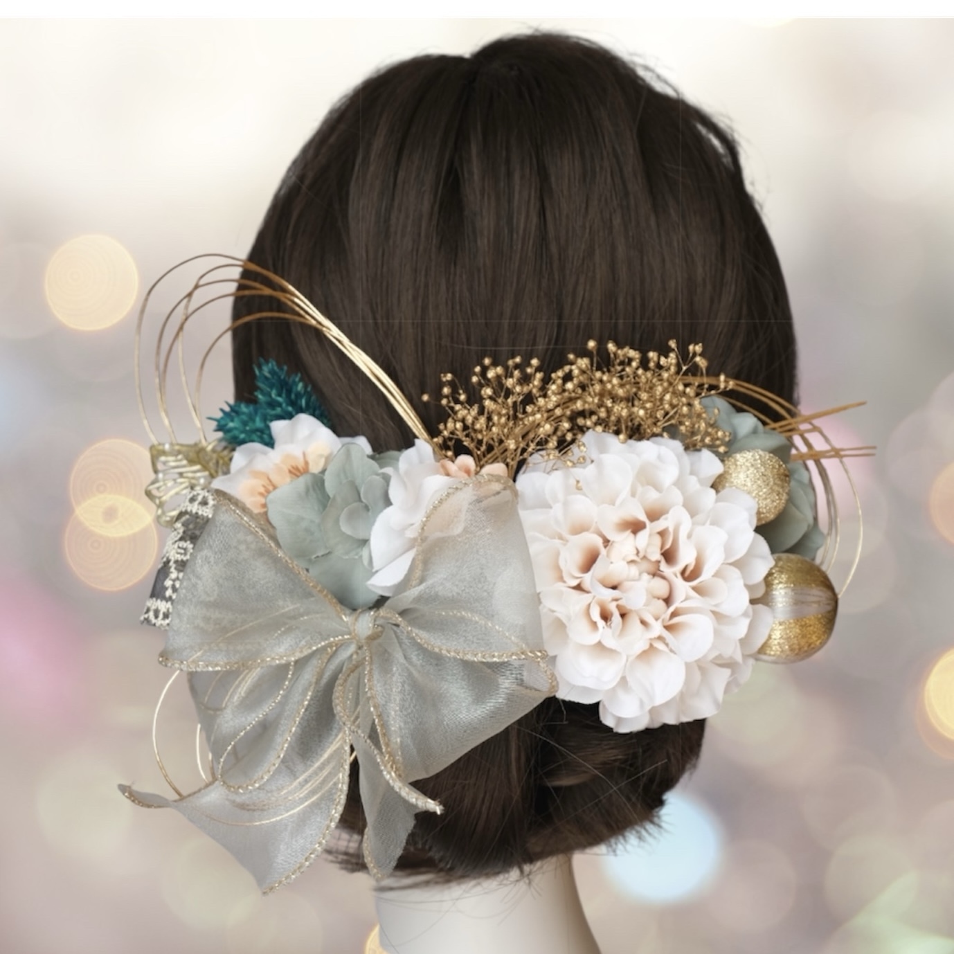 ぷっくりリボン?くすみグリーン×アイボリーダリア〜成人式〜卒業式〜結婚式