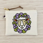 ぶどうのようなひつじの手刺繍、12センチフラットファスナーポーチ