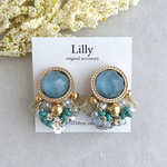 大ぶりピアス/ターコイズ/インド刺繍リボン/ビーズ刺繍/水面/ゴールド/ビーズピアス イヤリング