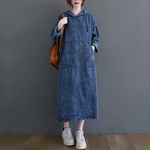 春服婦人服ビッグサイズ長袖婦人デニムファッション膝丈フード付き腹部隠しワンピース