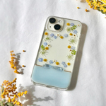 きらめくリボンと忘れな草 ミモザ｜iPhone17 / Android対応 押し花スマホケース（全機種対応） ブルー リース 秋冬 