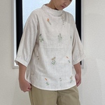 【40%オフSALE】リネン混 ミモザ刺繍ブラウス 7部丈 ベージュ